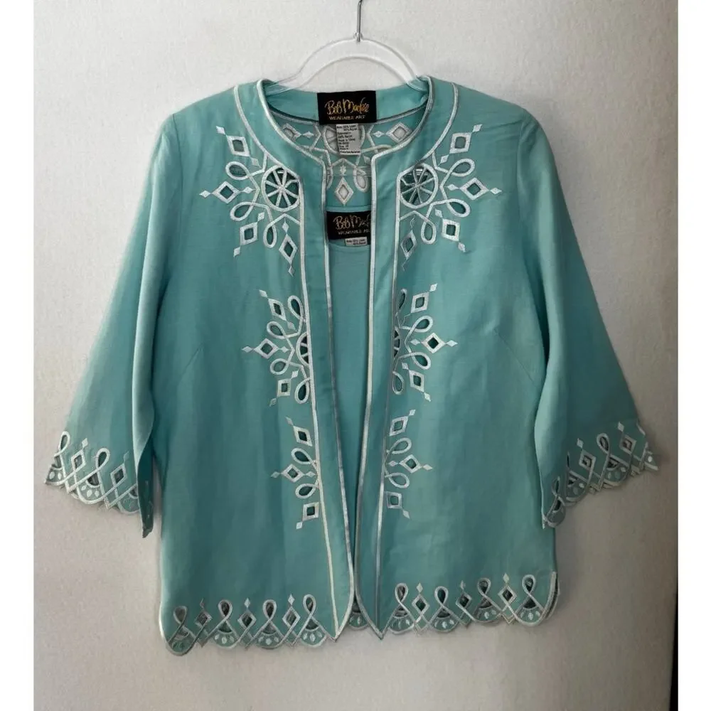 Bob Mackie Wearable Art 2000s Turquoise Linen Embroidered Twin Set XS